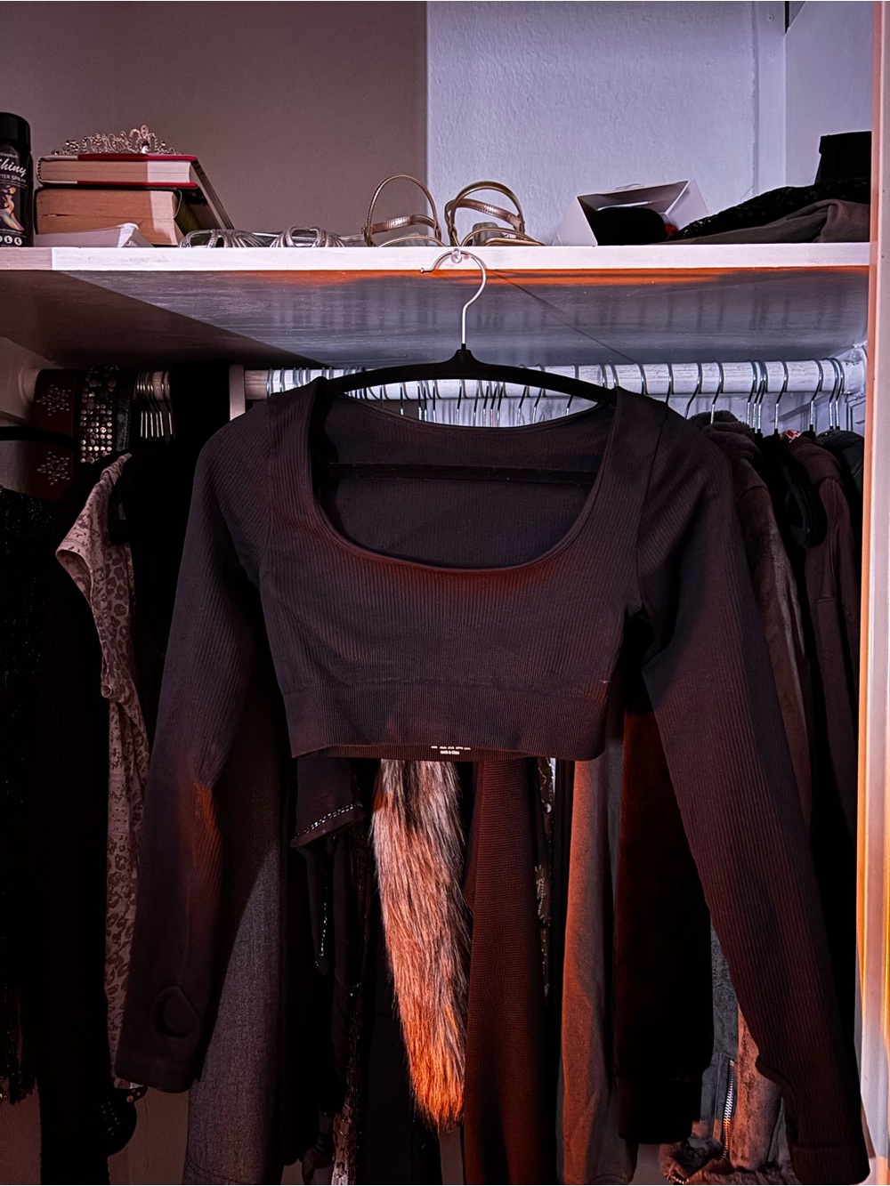 Black Long-Sleeve Ribbed Crop Top